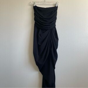 PrettyLittleThing Strapless Black Ruched Midi Dress Size 6 Bodycon Draped NWT